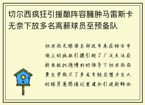 切尔西疯狂引援酿阵容臃肿马雷斯卡无奈下放多名高薪球员至预备队