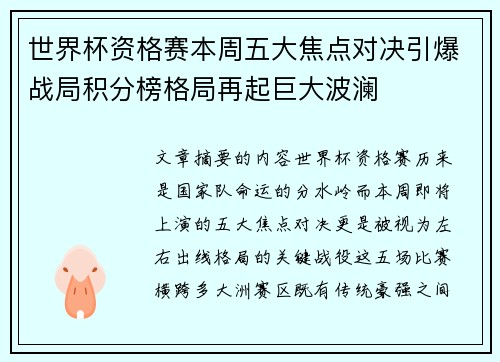 世界杯资格赛本周五大焦点对决引爆战局积分榜格局再起巨大波澜