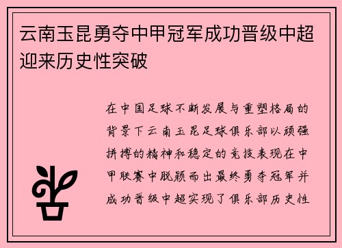 云南玉昆勇夺中甲冠军成功晋级中超迎来历史性突破