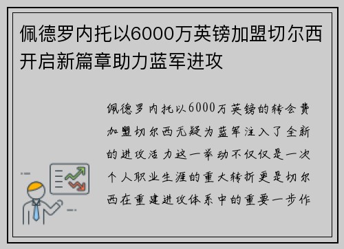 佩德罗内托以6000万英镑加盟切尔西开启新篇章助力蓝军进攻